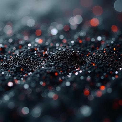 Makroaufnahme einer mit Mineralpartikeln angereicherten Kohlefaserstruktur